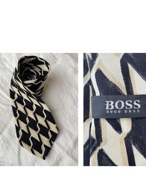Hugo Boss Silk Tie Black Cream Geometric Pattern Designer Neck Tie Quiet Luxury